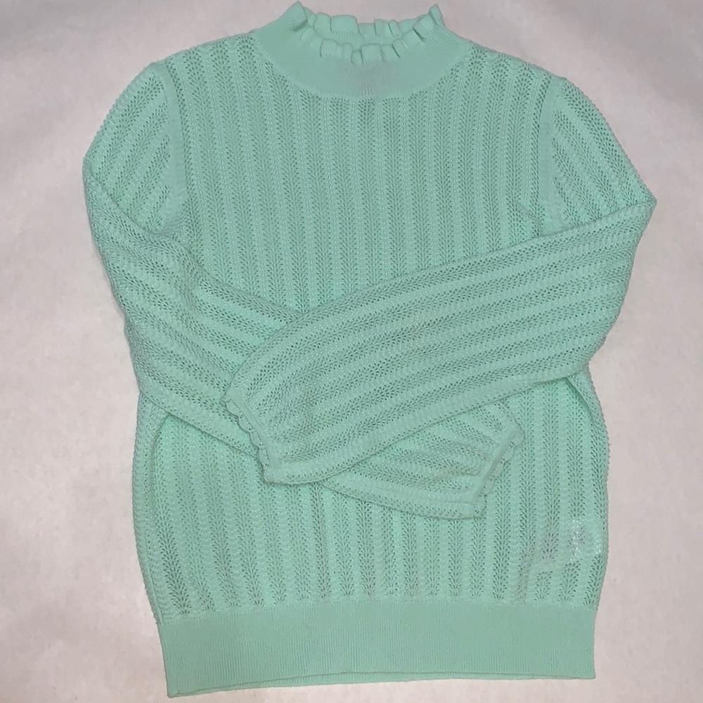 J. Crew Pointelle Ruffle Mock Neck Sweater Mint Green XS